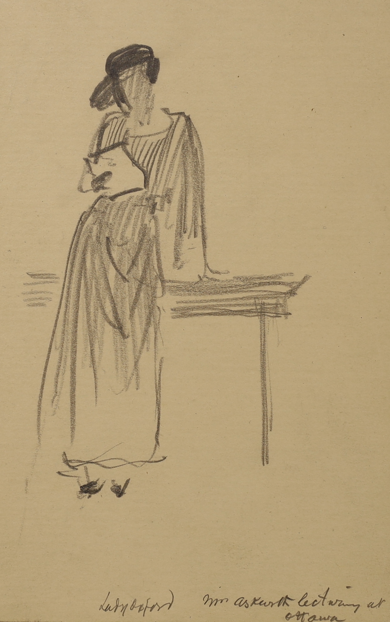 Frederick Samuel Beaumont (British, 1861-1954), pencil drawing, 'Lady Oxford, Mrs Askwith (sic) lecturing at Ottawa', exhibition label verso, 19 x 12.5cm.